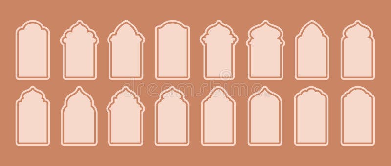 Puerta de forma de ramadán. arquitectura árabe. conjunto de puertas beige moroccan. ilustración vectorial tradicional.