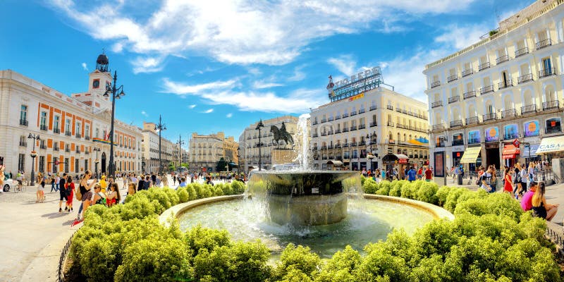 Puerta del Sol Square with fountain and equestrian statue of King Carlos III. Madrid, Spain
