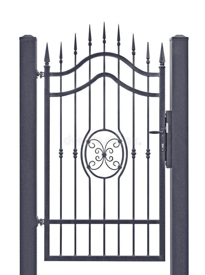 Puerta peatonal decorativa forjada, enrejado gris oscuro detallado grande vertical aislado de la flor de lis del hierro labrado d fotografía de archivo Puerta peatonal decorativa forjada, enrejado gris oscuro detallado grande vertical aislado de la flor de lis del hierro labrado d fotografía de archivo