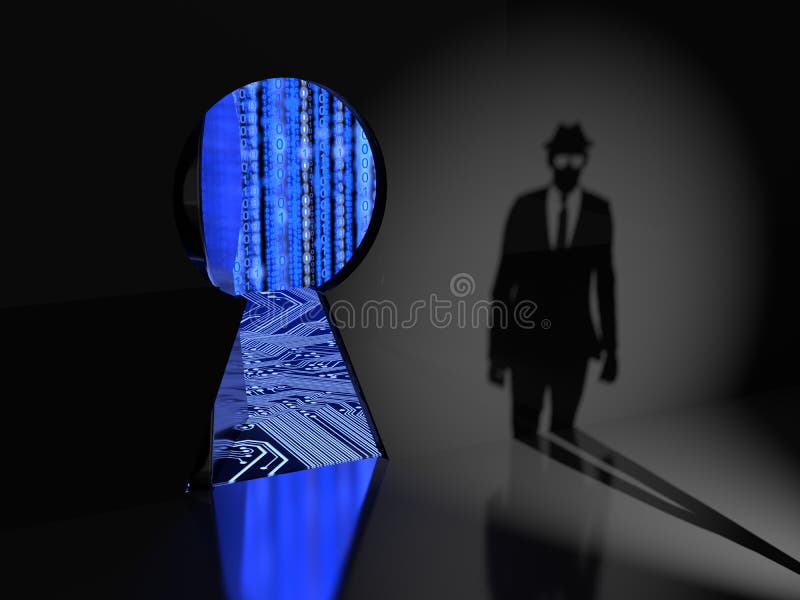 Puerta trasera inminente de la silueta del pirata informático de un sistema informático stock de ilustración Puerta trasera inminente de la silueta del pirata informático de un sistema informático stock de ilustración