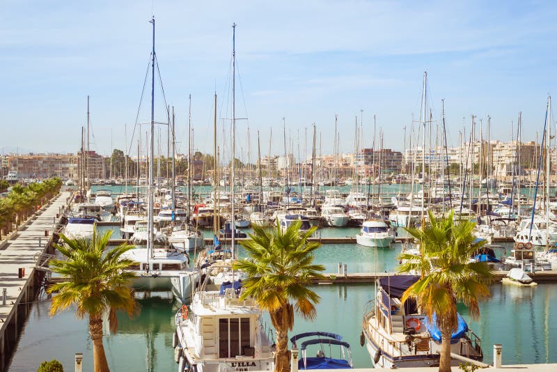 Puerto deportivo Marina Salinas. Yachts and boats in Marina royalty free stock photography Puerto deportivo Marina Salinas. Yachts and boats in Marina royalty free stock photography