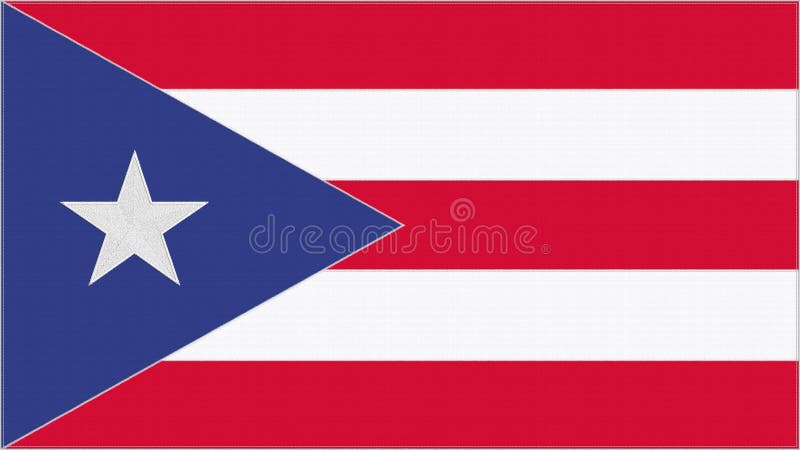 Puerto Rico embroidery flag. Puerto Rican emblem stitched fabric. Embroidered coat of arms. Country symbol textile background