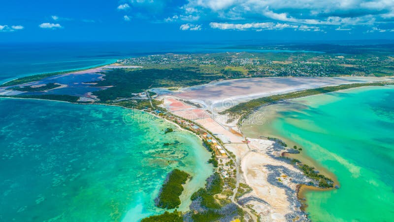 Aerial view of Puerto Rico. Faro Los Morrillos de Cabo Rojo. Playa Sucia beach and Salt lakes in Punta Jaguey.