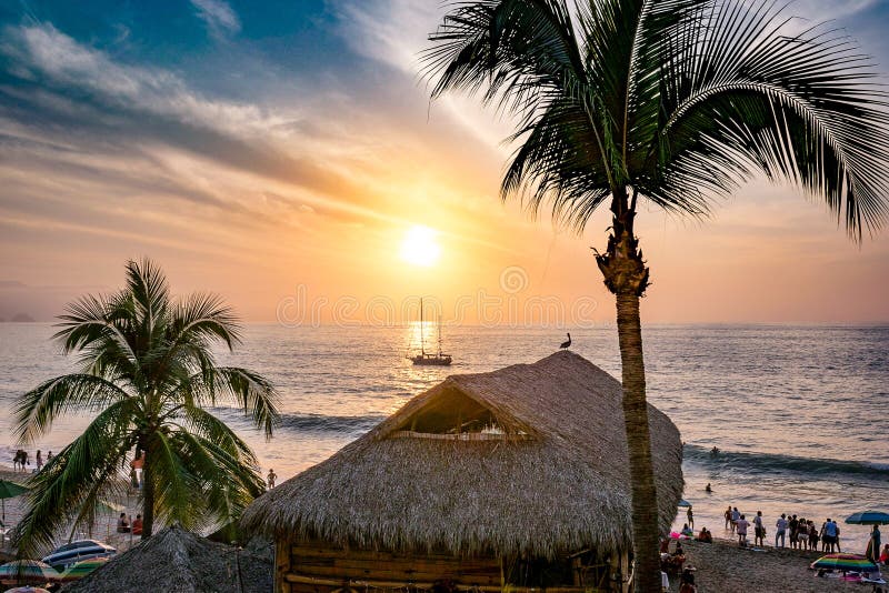 Puerto Vallarta plaży zmierzchu oceanu kokosowi drzewa łódkowaci obrazy royalty free Puerto Vallarta plaży zmierzchu oceanu kokosowi drzewa łódkowaci obrazy royalty free