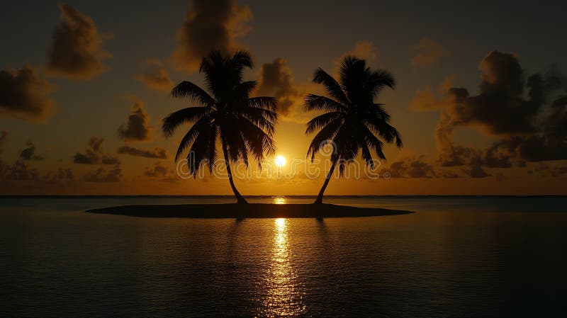 Puesta de sol tropical sobre la silueta de palmeras isleñas idílicas océano postal de viaje tranquilo imagenes de archivo