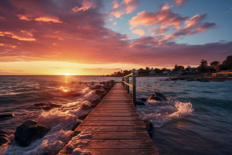 Puesta de sol vibrante sobre un muelle de madera libre illustration