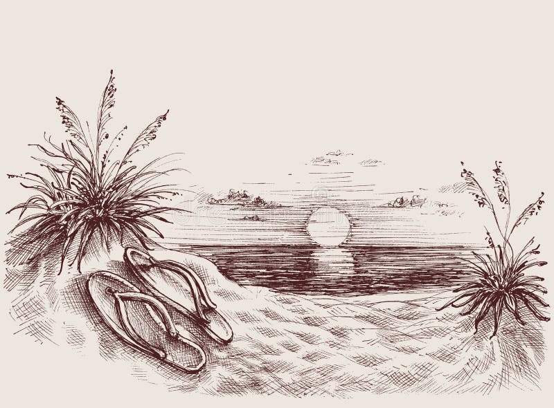 Puesta del sol en el dibujo de la playa ilustración del vector Puesta del sol en el dibujo de la playa ilustración del vector