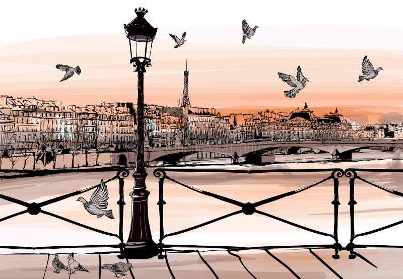 Puesta del sol en río Sena de Pont des Arts en París ilustración del vector Puesta del sol en río Sena de Pont des Arts en París ilustración del vector