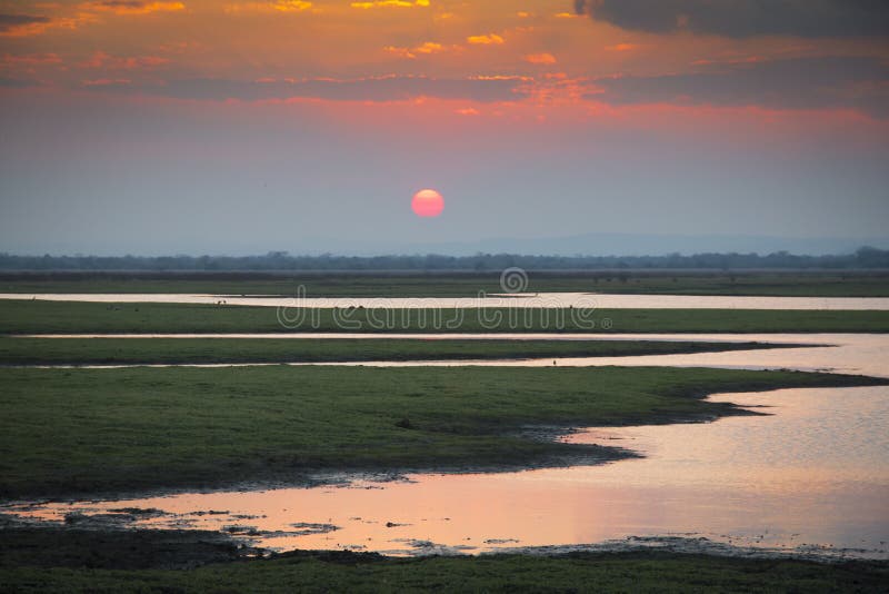 Puesta del sol sobre el parque nacional de Gorongosa fotografía de archivo libre de regalías Puesta del sol sobre el parque nacional de Gorongosa fotografía de archivo libre de regalías