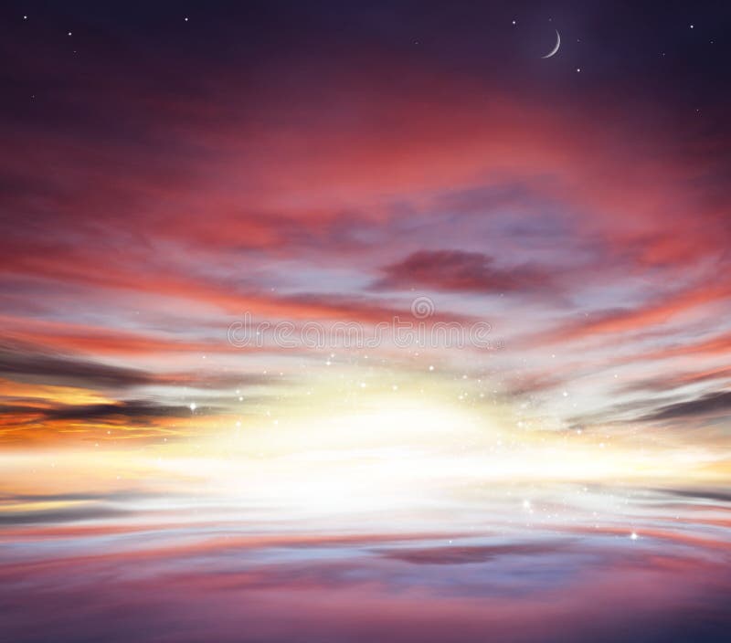 Puesta del sol y salida del sol en el cielo Fondo de Ramadan fotografía de archivo Puesta del sol y salida del sol en el cielo Fondo de Ramadan fotografía de archivo