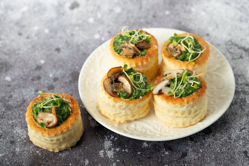 Puff Pastry Appetizer with Spinach, Mushrooms Stock Photo Image of