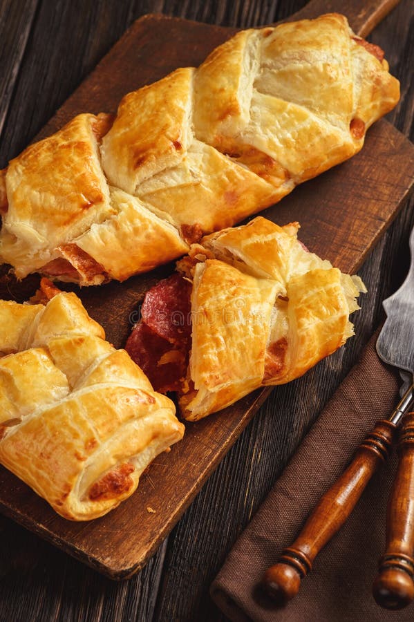 Puff Pastry Bread with Salami and Mozzarella. Stock Photo Image of
