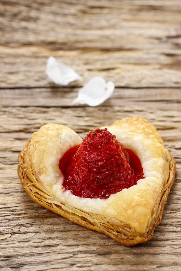 Puff Pastry Cookies in Heart Shape Filled with Strawberries Stock Image