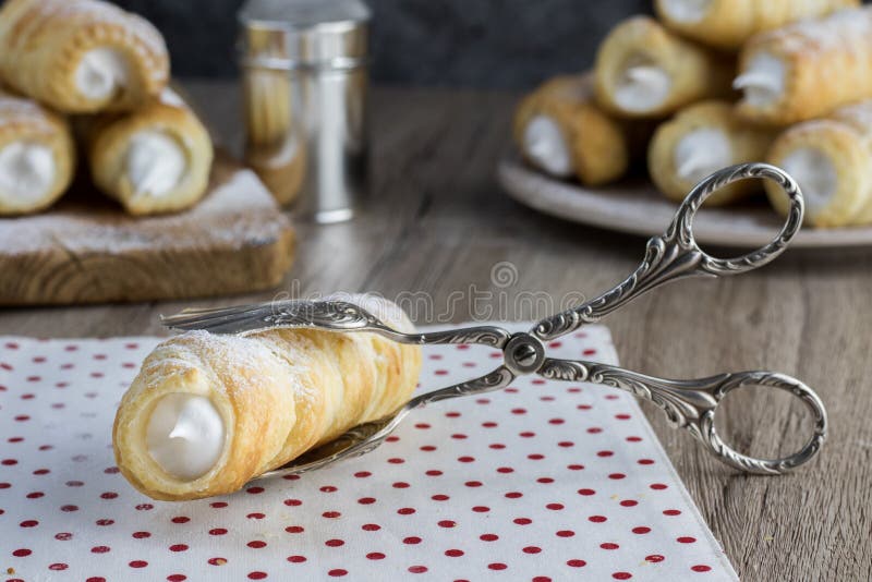 Puff pastry creme rolle with cream traditional Czech dessert i stock photography Puff pastry creme rolle with cream traditional Czech dessert i stock photography