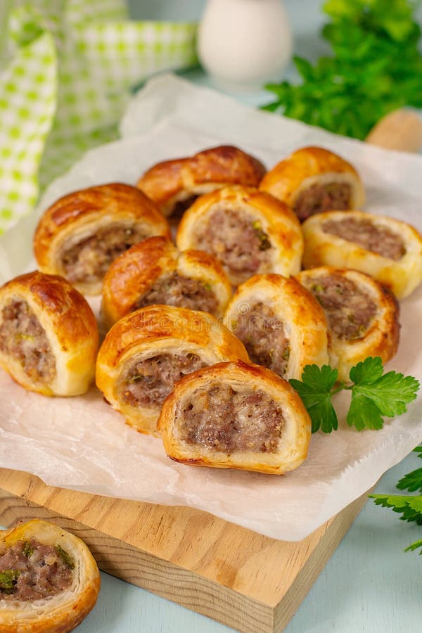 Puff Pastry Mini Sausage Rolls with Ground Beef Stock Photo Image of
