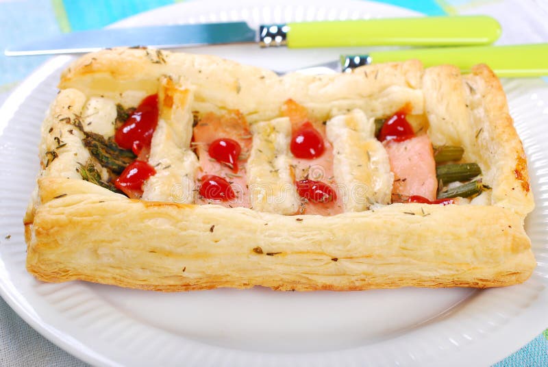 Puff Pastry Pie with Asparagus and Salmon Stock Image Image of