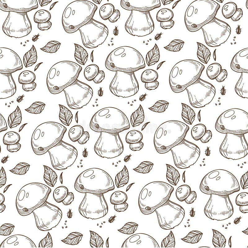 Puffball mushroom with leaves, mushrooming season seamless pattern