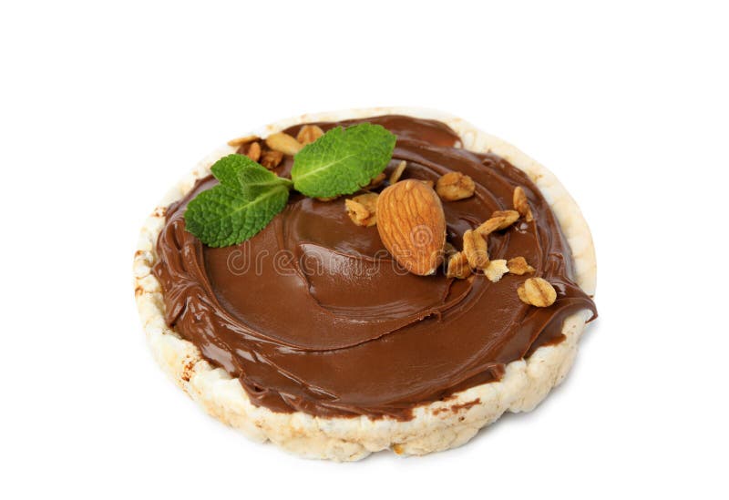 Puffed Rice Cake with Chocolate Spread, Nuts and Mint Isolated Stock