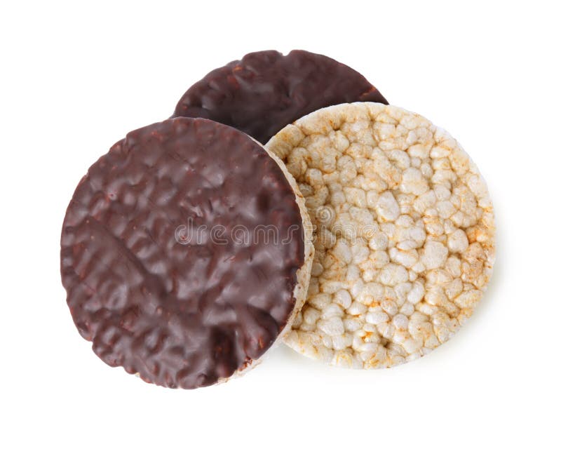Puffed Rice Cakes with Chocolate Spread Isolated on White, Top View