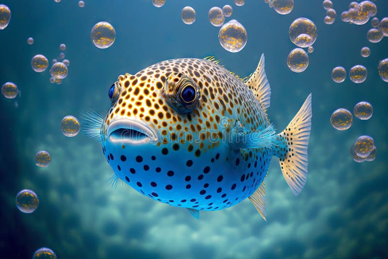 Puffer Fish in Clear Seawater with Rising Air Bubbles Stock