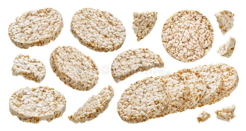 Puffreisbrot lokalisiert auf weißem Hintergrund, knusperige runde Reiswaffeln der Diät stockfotos