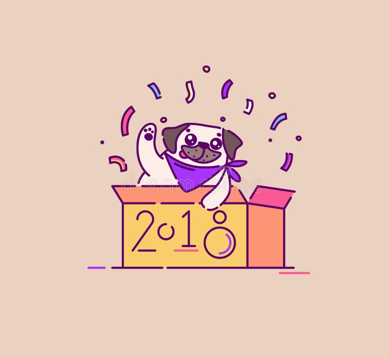 Pug hond in een doos die nieuwe het jaar vlakke vectorillustratie vieren van 2018 vector illustratie Pug hond in een doos die nieuwe het jaar vlakke vectorillustratie vieren van 2018 vector illustratie