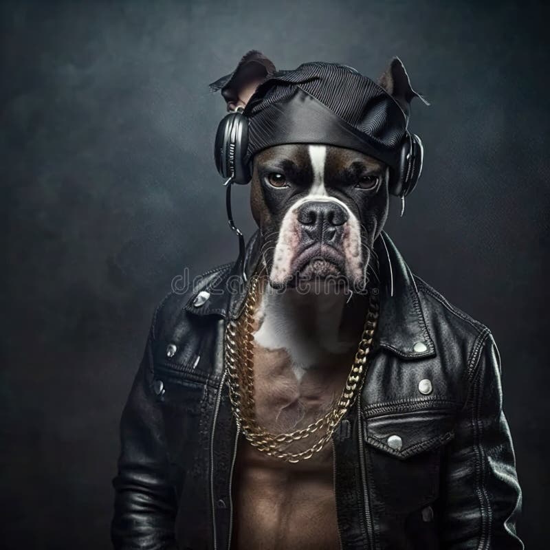 Pugile con giacca nera ascolta ritratti musicali di dj o di rapper animale generico illustrazione di stock