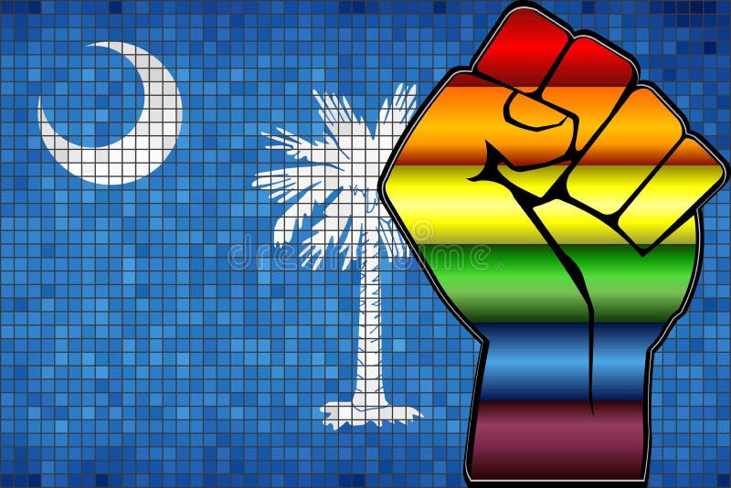 Pugno brillante di protesta di LGBT su Carolina Flag del sud illustrazione vettoriale Pugno brillante di protesta di LGBT su Carolina Flag del sud illustrazione vettoriale
