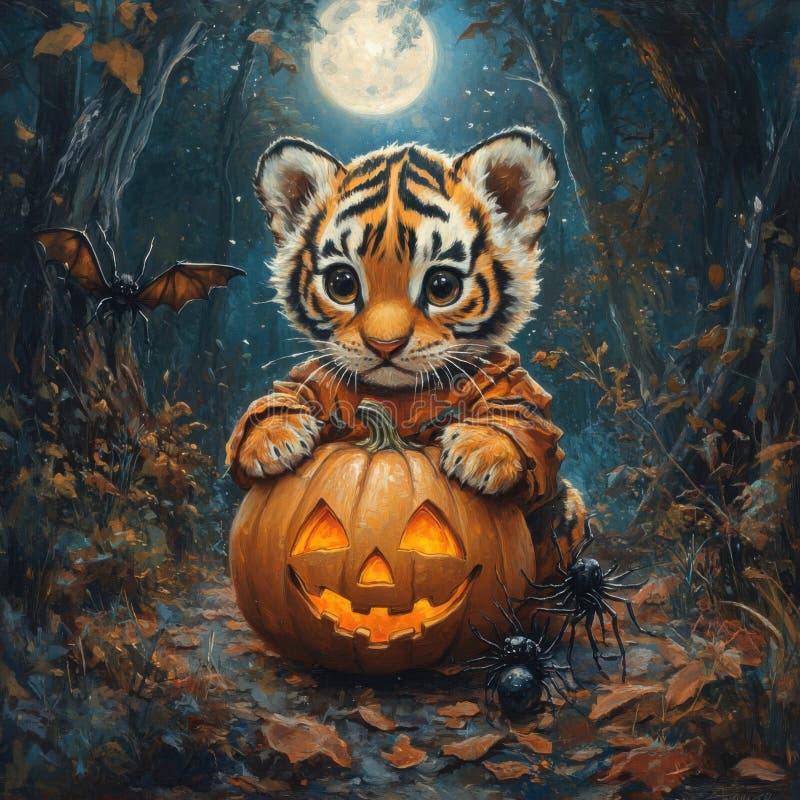 Pui de tigru adorabil cu dovleac noaptea de Halloween stock illustration