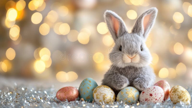 Pui gri adorabil se pune cu ouă de Paști stock illustration