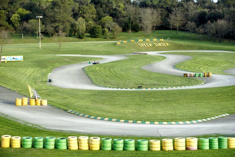 Pula, Croatia, 6. April 2018. Karting track in park with green paths. Pula, Croatia, 6. April 2018. Karting track in park with green paths