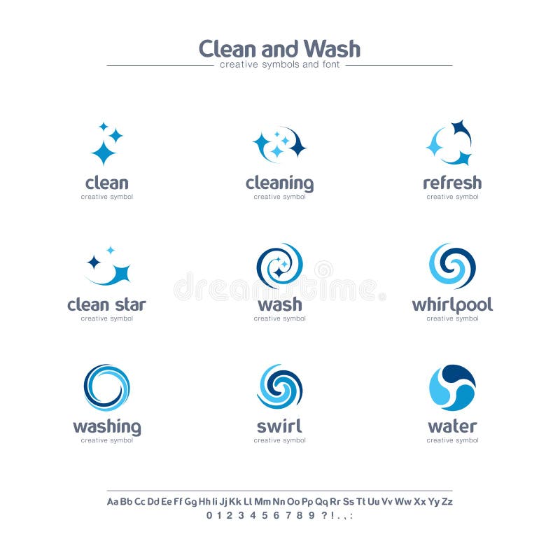 Pulisca e lavi l'insieme di simboli creativo, concetto della fonte L'acqua rinfresca, logo astratto di affari di servizio di lava