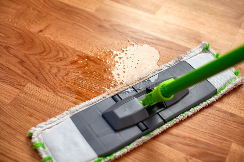 Pulizia del mosto di acqua rovesciata sul parquet fotografia stock libera da diritti