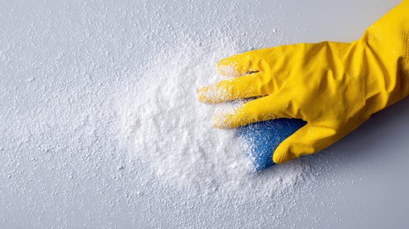 Pulizia della sostanza rovesciata con mano lucida su una superficie bianca durante le faccende domestiche quotidiane fotografia stock