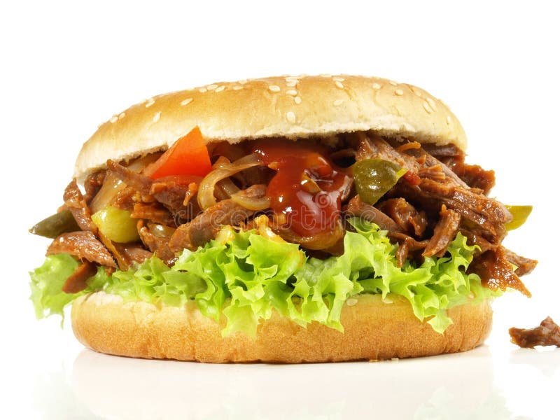 Pulled Beef Hamburger Fast Food Isolated on White Background Stock