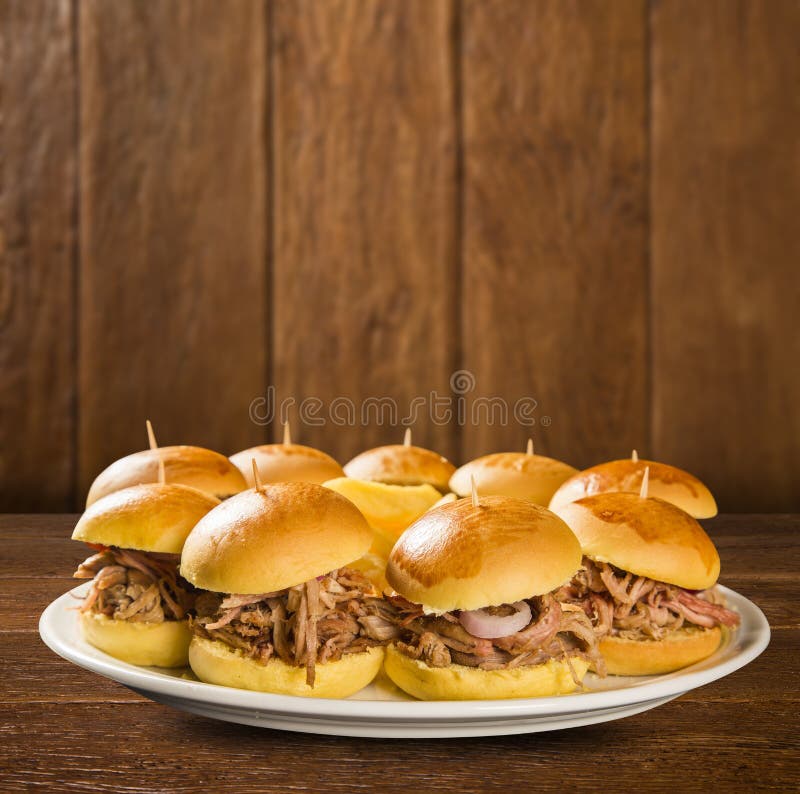 Pulled Pork Sandwiches with BBQ Sauce and Onion Stock Photo Image of