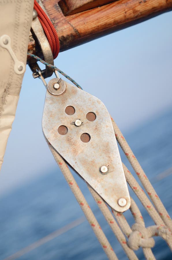 Pulley Blocks of Mainsheet, Running Rigging of Vintage Yacht Stock