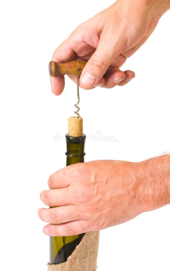 Pulling corkscrew cork from the bottle