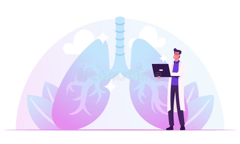 Pulmonology Doctor Working on Laptop Watching Lungs X-rays Image on Computer Screen Checking Analysis Results stock illustration