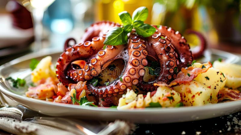 Pulpo a la parrilla con tocino tibio y ensalada de patatas muy bien arregladas para una experiencia gastronómica muy agradable stock de ilustración