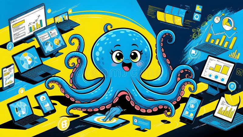 Pulpo lúdico manejando múltiples dispositivos digitales simbolizando el análisis de datos multitarea eficiencia tecnológica ideal. Pulpo lúdico que gestiona múltiples dispositivos digitales simbolizando el análisis de datos multitarea eficiencia tecnológica ideal para la productividad empresarial diseños temáticos o campañas de marketing