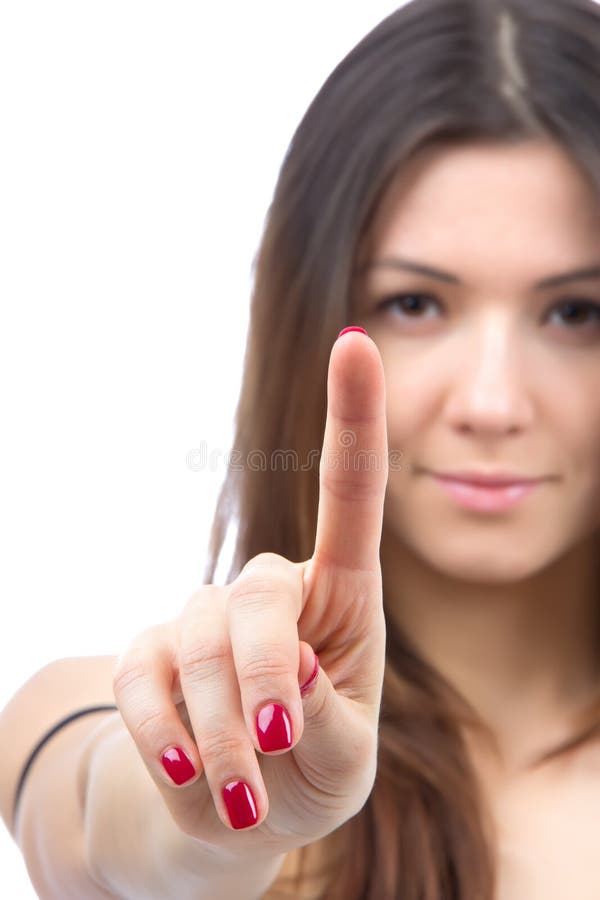 Business woman point finger push button or touch screen isolated on a white background. Business woman point finger push button or touch screen isolated on a white background
