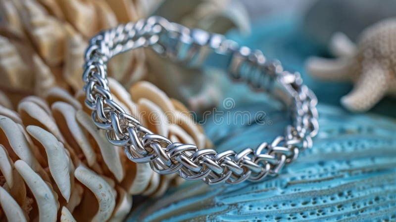 Pulsera de plata elegante colocada sobre conchas exóticas stock de ilustración