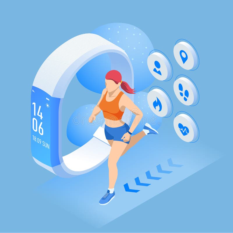 Pulsera o perseguidor isom?trica con un smartphone, atleta de la aptitud que corre al aire libre Infographics que activa y corrie stock de ilustración Pulsera o perseguidor isom?trica con un smartphone, atleta de la aptitud que corre al aire libre Infographics que activa y corrie stock de ilustración