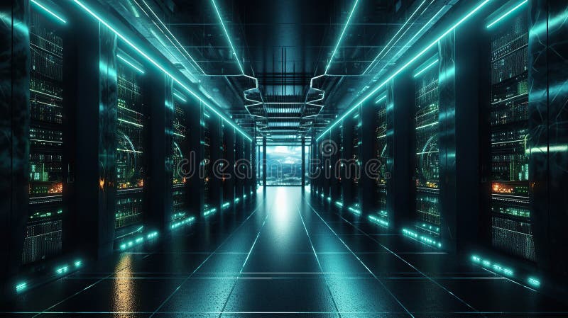 Pulsierendes Herz des digitalen Universums : Server-Racks mit neuronalen Netzwerken von morgen in einem dunklen Rechenzentrum stock abbildung