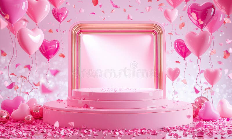 Pulsierendes rosa Podium umgeben von herzförmigen Ballons und Konfetti schafft festliche und romantische Atmosphäre perfekt für stockfoto