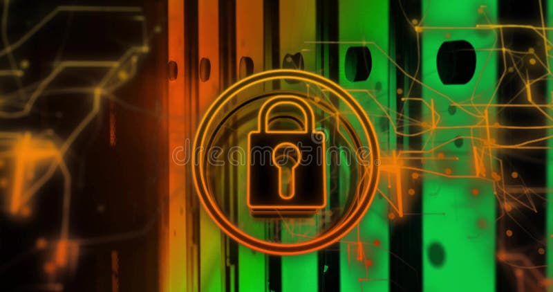 Pulsing digital padlock icon glowing over data center server racks, with neon circuit lines vector illustration