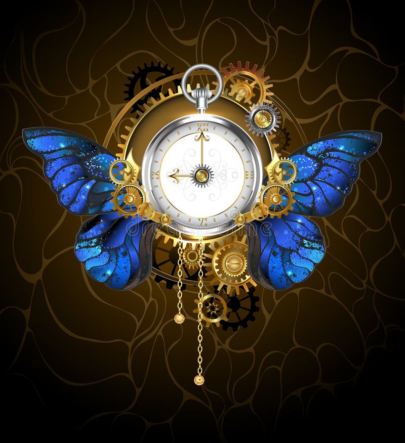 Round the clock in the style of steampunk with blue butterfly wings morpho, with dial with gold Roman numerals, decorated with gold, silver and brass gears on a dark background. Steampunk style. Round the clock in the style of steampunk with blue butterfly wings morpho, with dial with gold Roman numerals, decorated with gold, silver and brass gears on a dark background. Steampunk style.