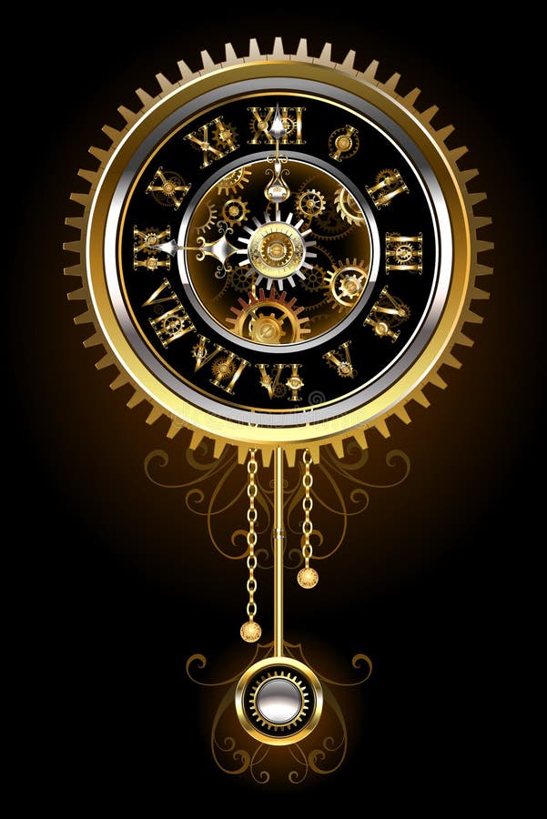Pendulum clock in the style of steampunk, gold and brass gears on a black background. Steampunk style. Design with gears. Technical Design. Gold gear. Pendulum clock in the style of steampunk, gold and brass gears on a black background. Steampunk style. Design with gears. Technical Design. Gold gear.