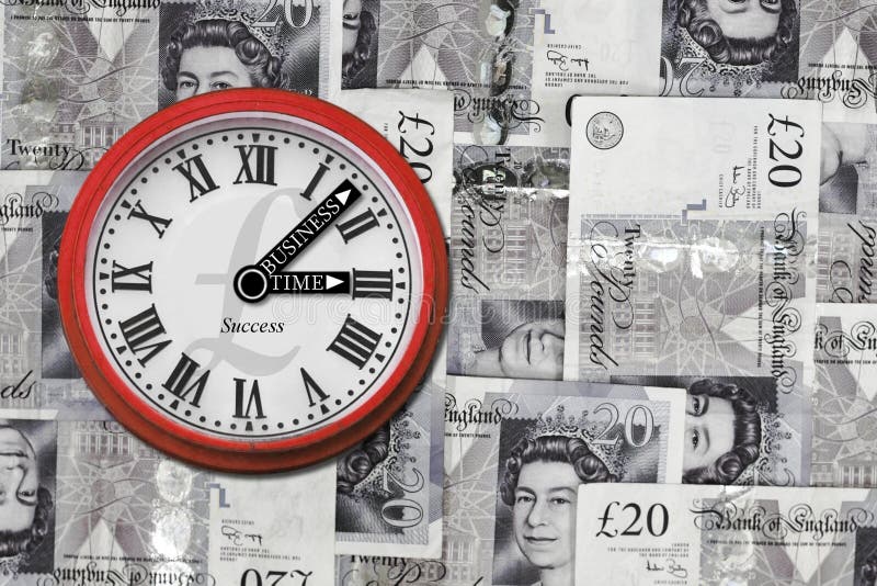 Clock with business time sign on the arrows on collage of twenty english pounds background. Clock with business time sign on the arrows on collage of twenty english pounds background